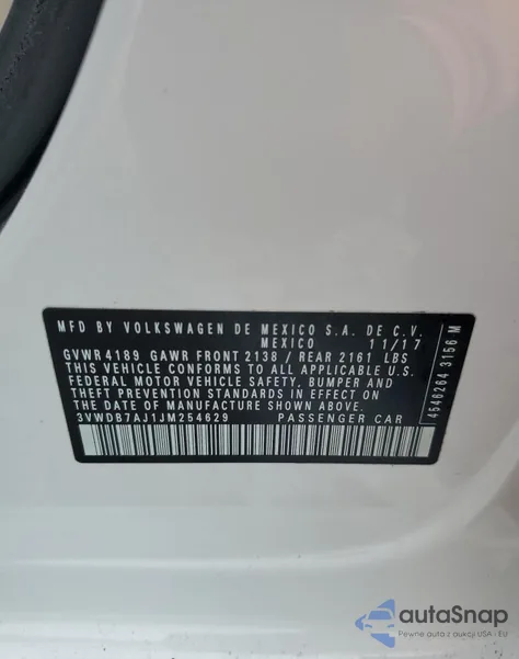 2018 Volkswagen Jetta Se z USA, uszkodzony, nr VIN 3VWDB7AJ1JM254629